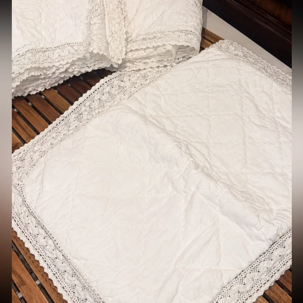Simply Shabby Chic 3pc Quilt Shams Set Linen Blend Crochet Trim White Full Queen